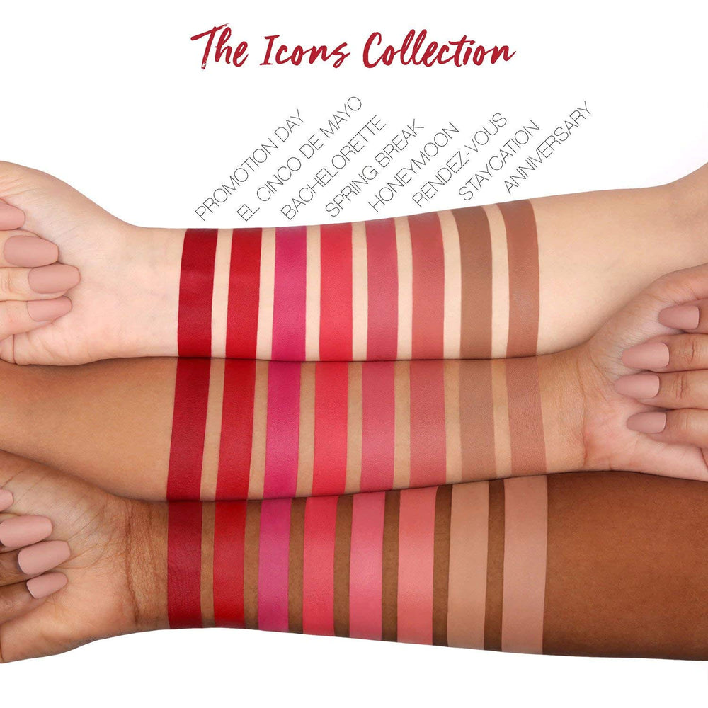 Huda Power Bullet Matte Lipstick Spring Break swatches showcasing rich shade range
