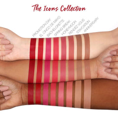 Huda Power Bullet Matte Lipstick Spring Break swatches showcasing rich shade range