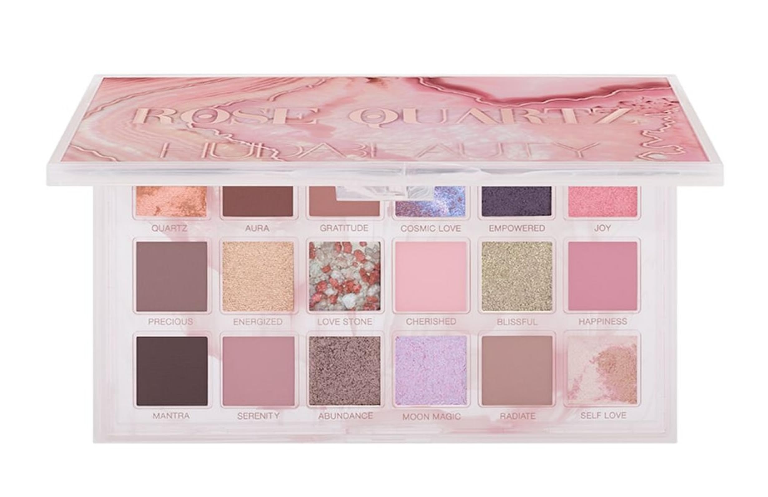 Huda Rose Quartz palette closeup showing rich pigments and smooth texture for blending