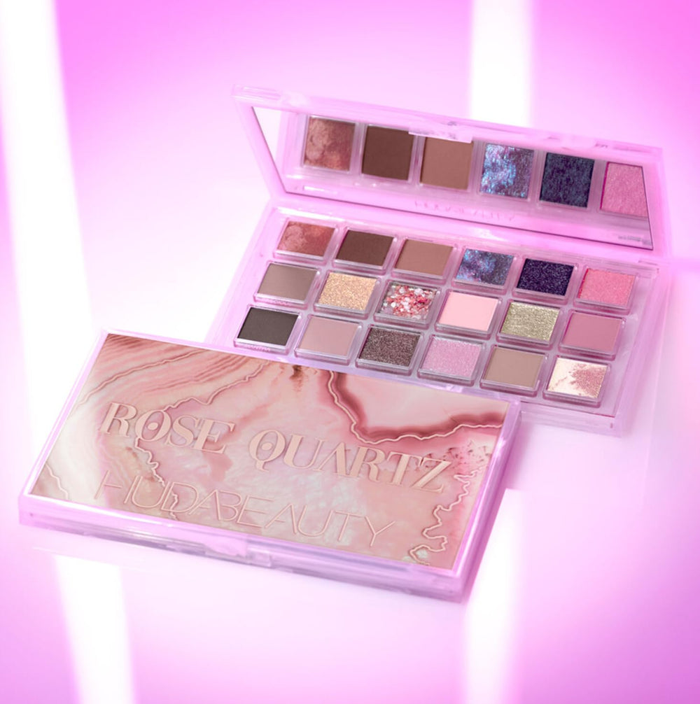 Huda Rose Quartz palette packaging with branding ideal for gifting or travel