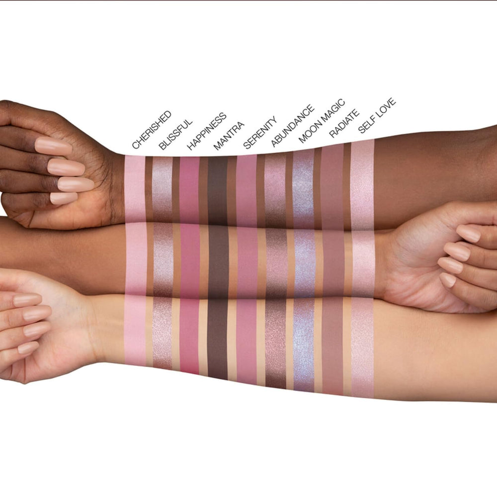 Huda Rose Quartz swatch grid demonstrates true-to-color payoff across tones