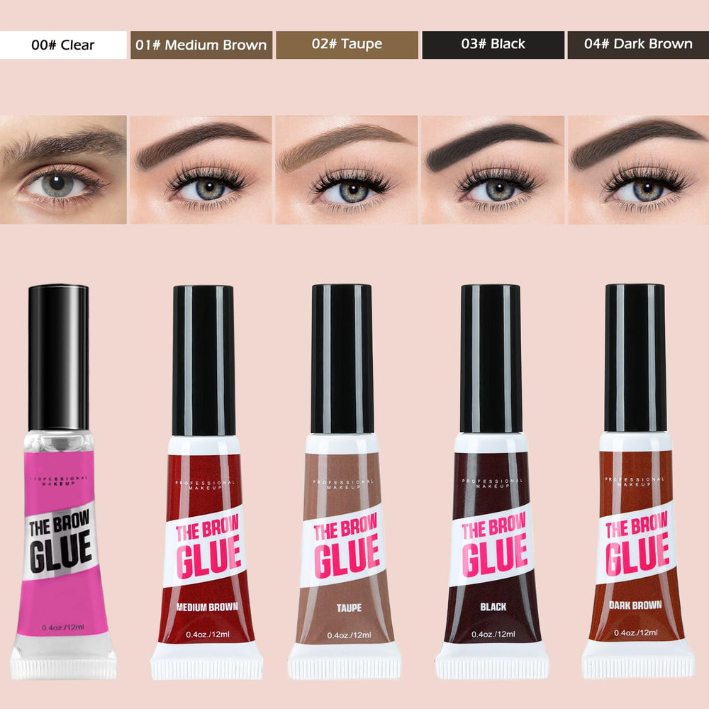 HUDABABY clear brow gel tube close-up showing transfer-proof formula