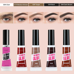 HUDABABY clear brow gel tube close-up showing transfer-proof formula