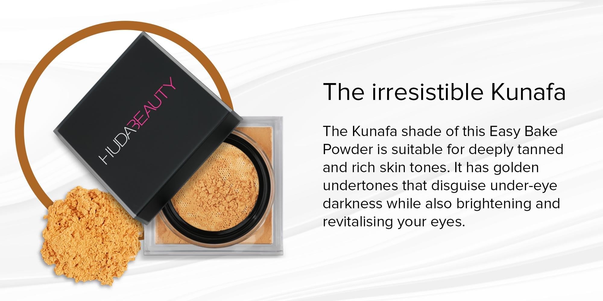 HUDABEAUTY Easy Bake Kunafa powder in use provides long-lasting finish.
