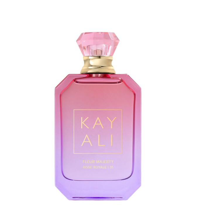 HUDABEAUTY Kayali Fleur Majesty Rose Royale bottle with pink-to-royal-purple gradient for a luxurious fragrance.