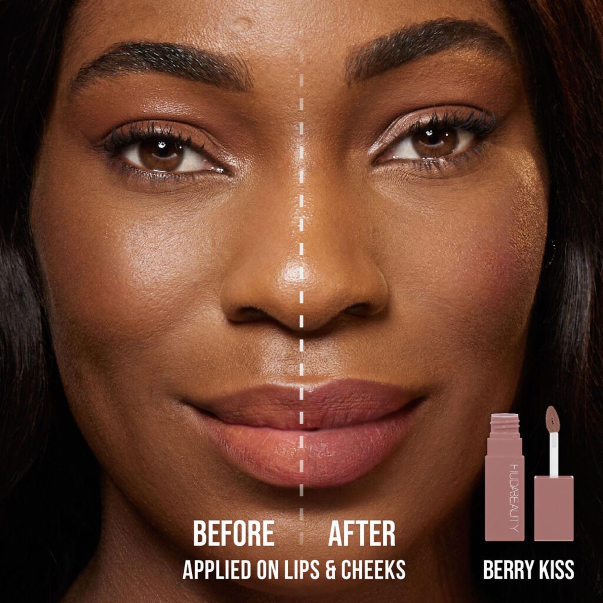 Huda Lip Blush Berry Kiss cream texture swatch demonstrates buildable color.