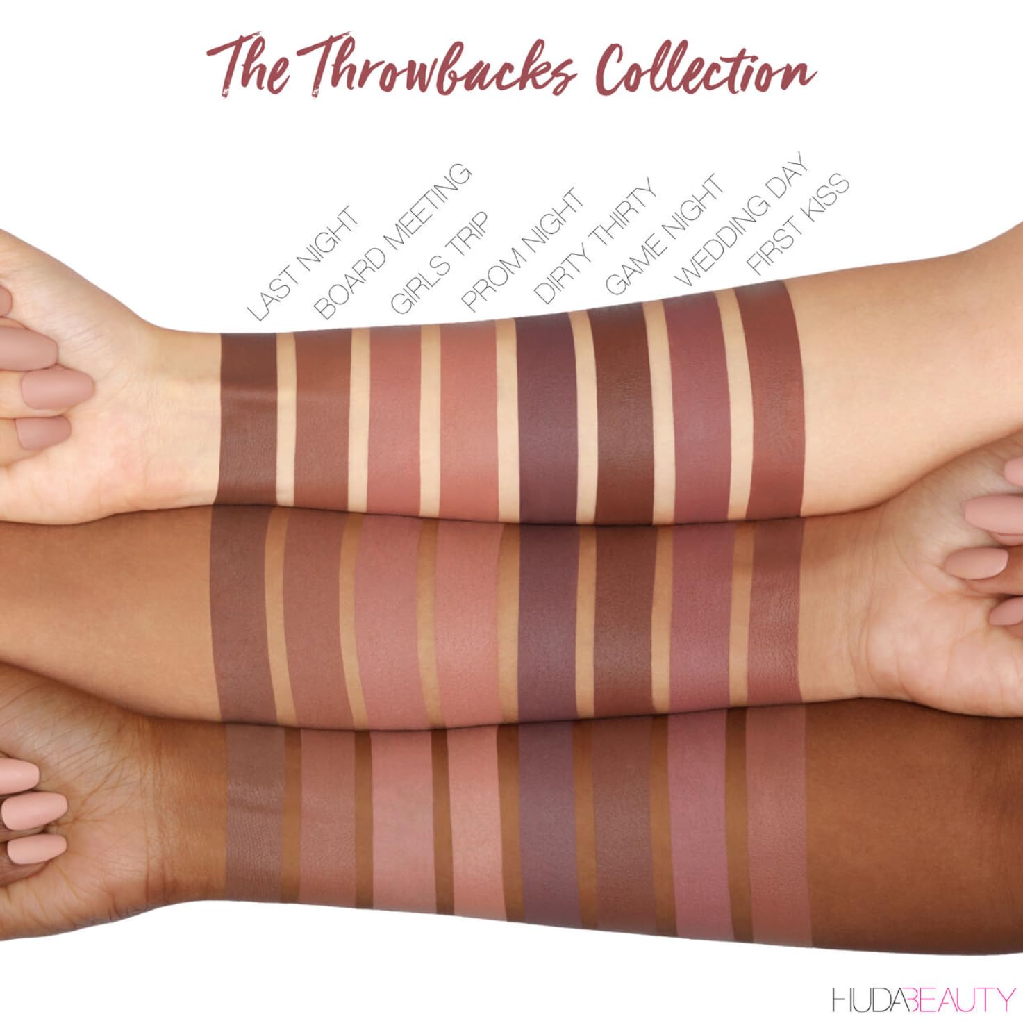 HUDA BEAUTY Power Bullet Matte Lipstick throwback swatch on lips shows bold, even coverage.