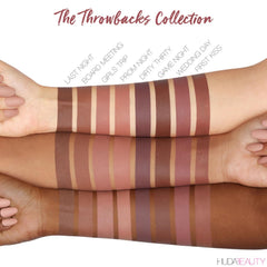 HUDA BEAUTY Power Bullet Matte Lipstick throwback swatch on lips shows bold, even coverage.