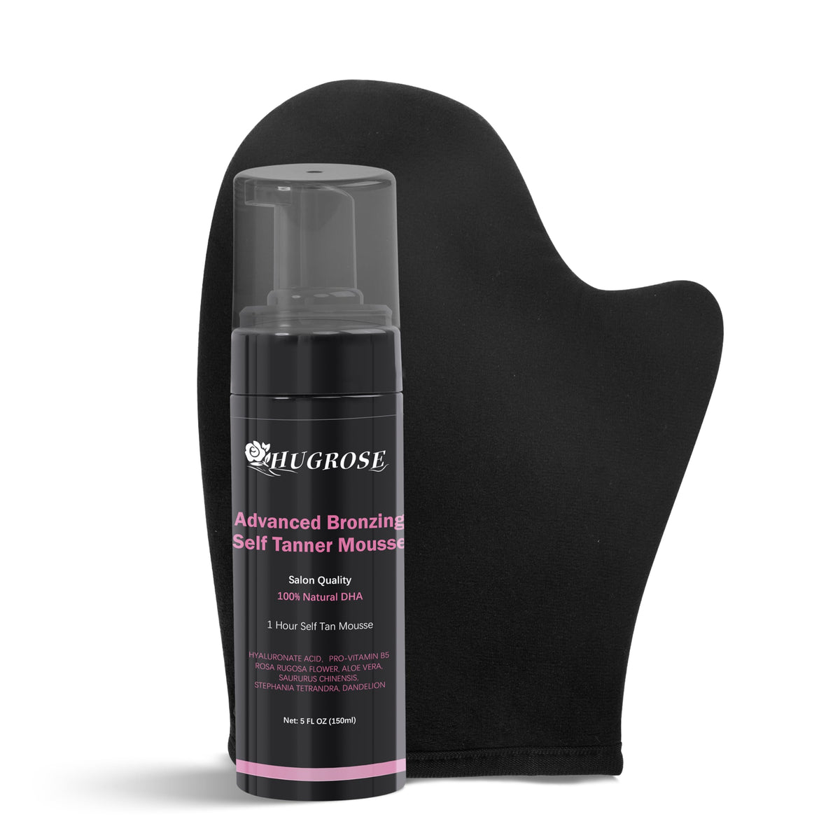 HUGROSE bronzing mousse bottle with quick color development for a natural tan.