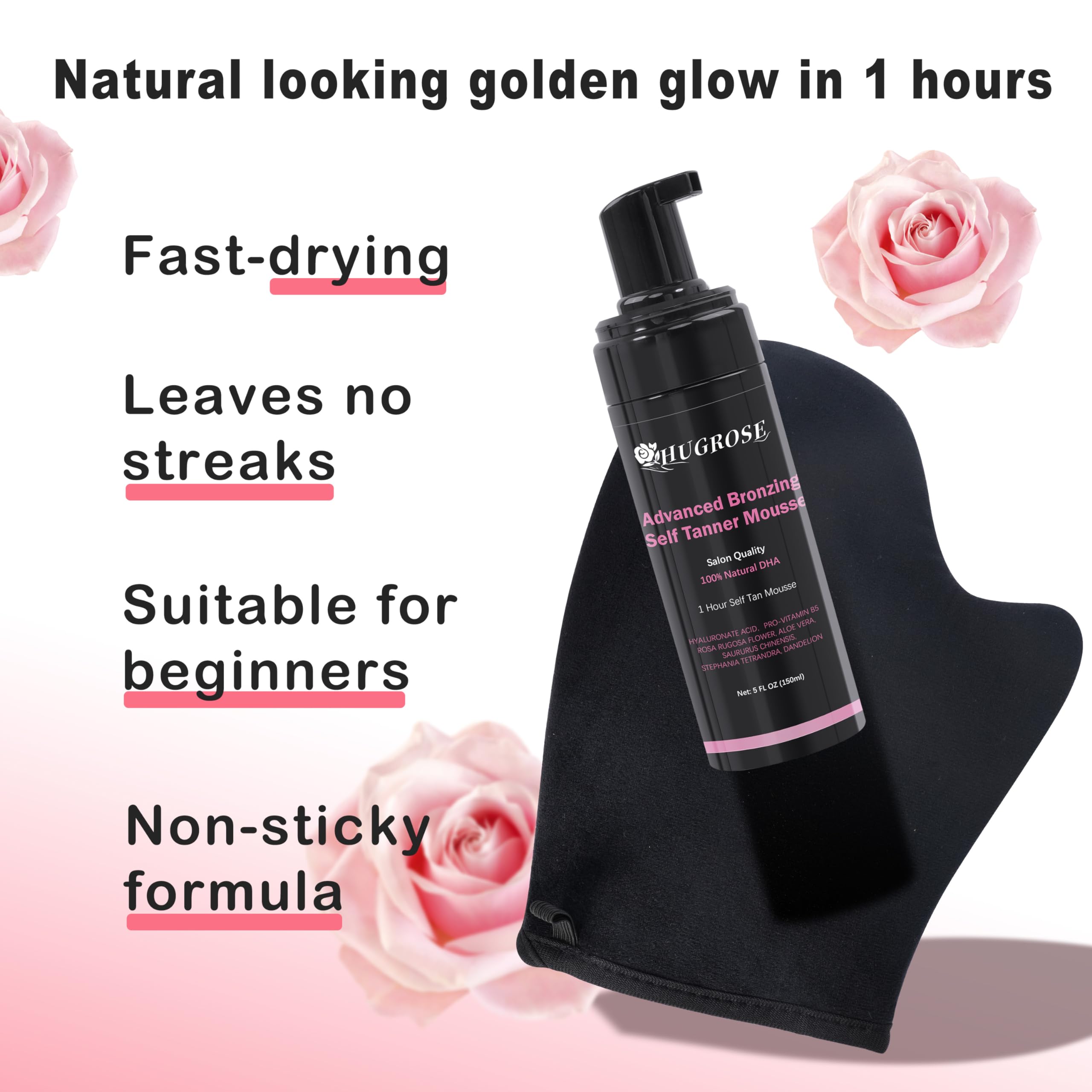 HUGROSE self-tanner swatch shows natural bronze shade on skin.