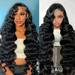 Hugsun 13x6 lace front wig in body wave, 30 inch, natural look and long-lasting color blending.