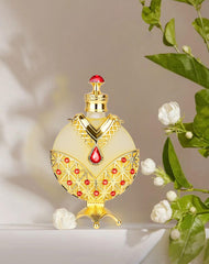Huibao Gold Arabian Perfume Oil closeup highlights jasmine and rose notes for refined elegance.