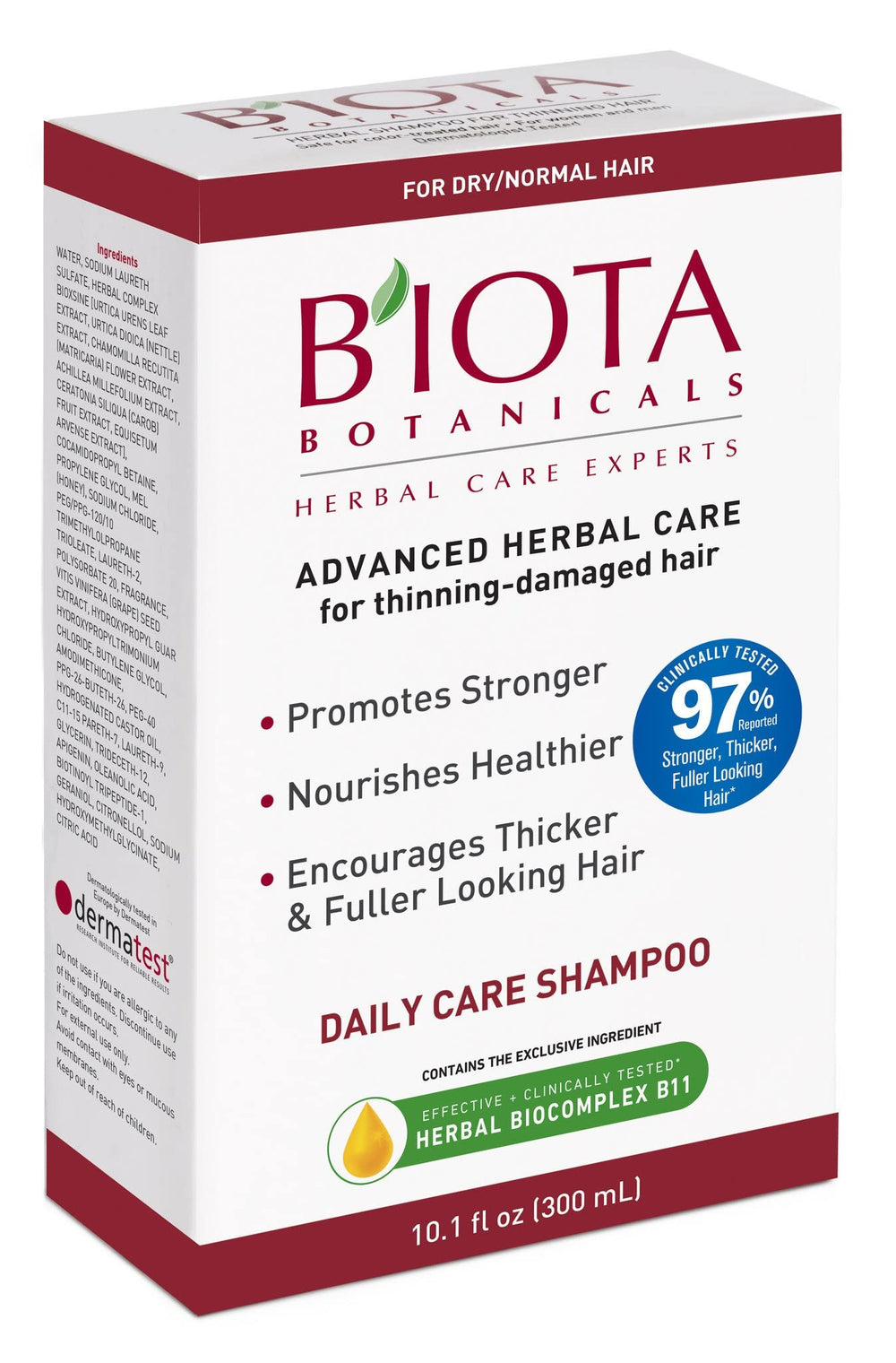 Huieter B'IOTA Botanicals Daily Care Shampoo label detail highlighting natural ingredients for gentle cleansing.