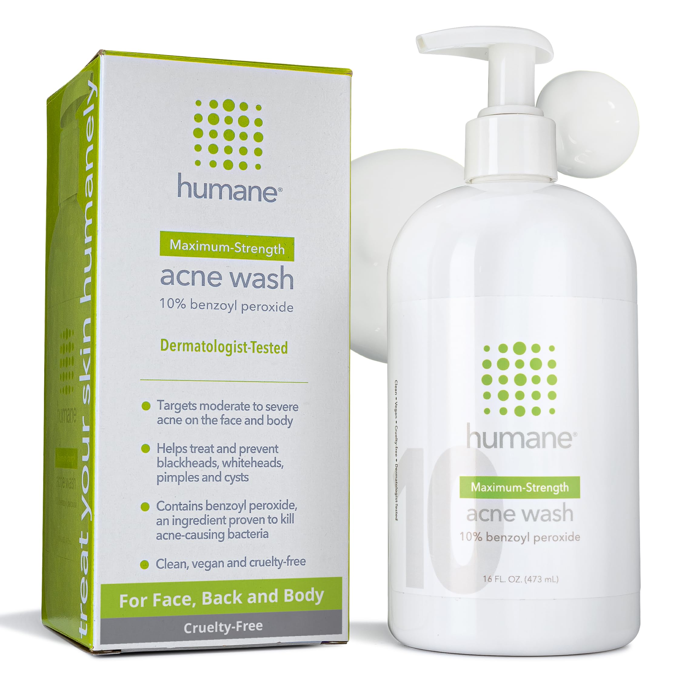 Humane benzoyl peroxide acne body wash bottle front showing maximum-strength formula.