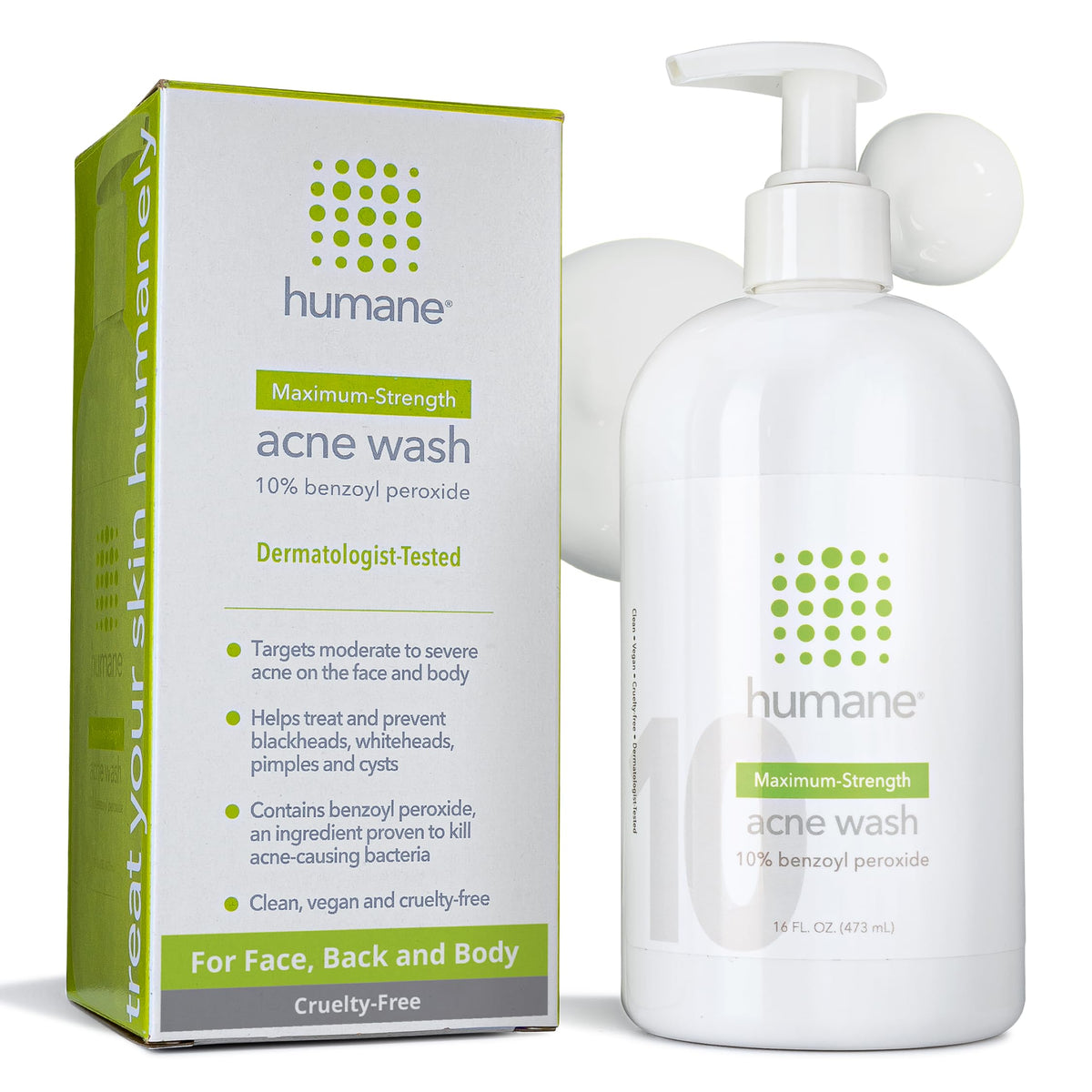 Humane benzoyl peroxide acne body wash bottle front showing maximum-strength formula.