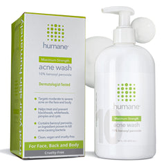 Humane benzoyl peroxide acne body wash bottle front showing maximum-strength formula.