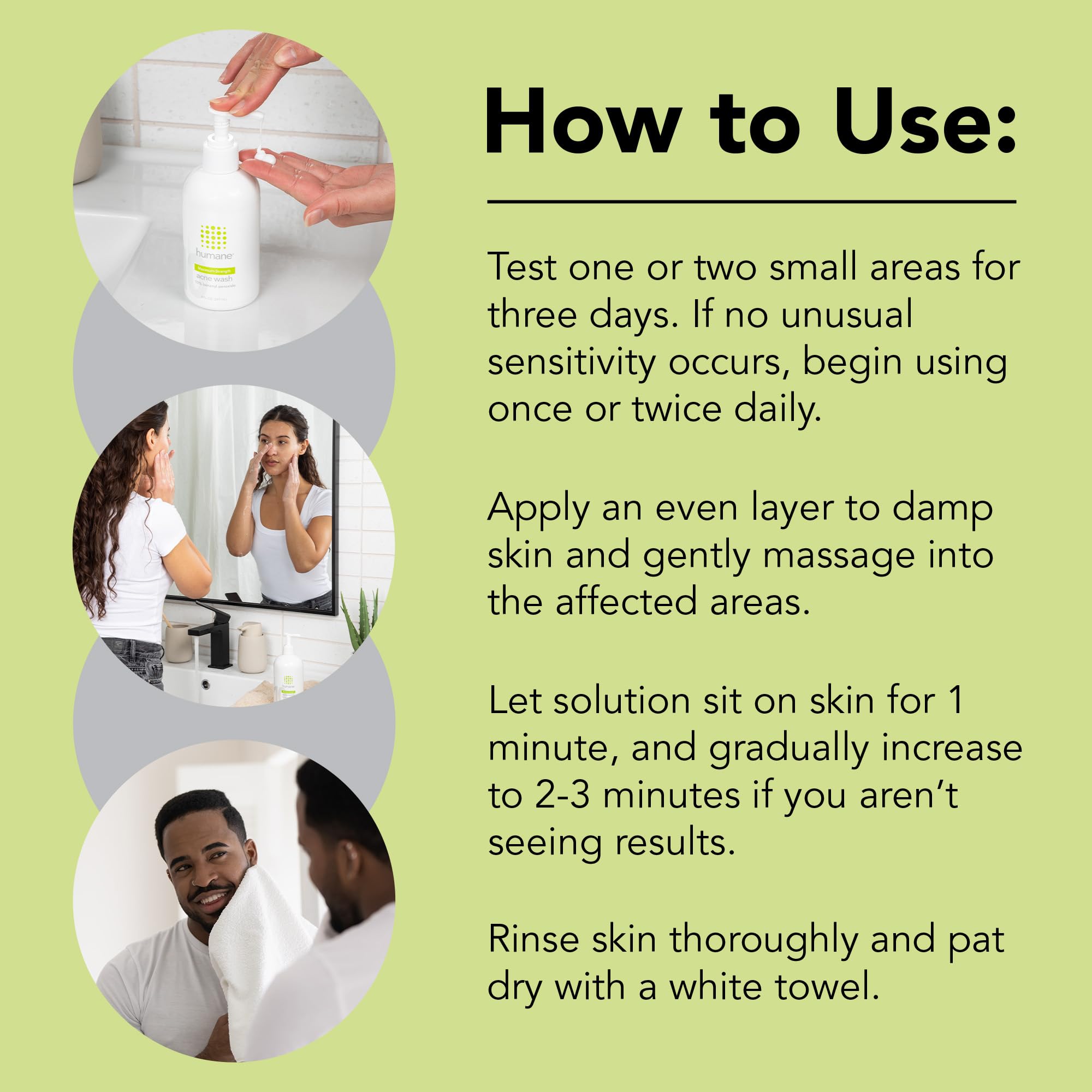Hands applying Humane acne wash to damp skin for cleansing.
