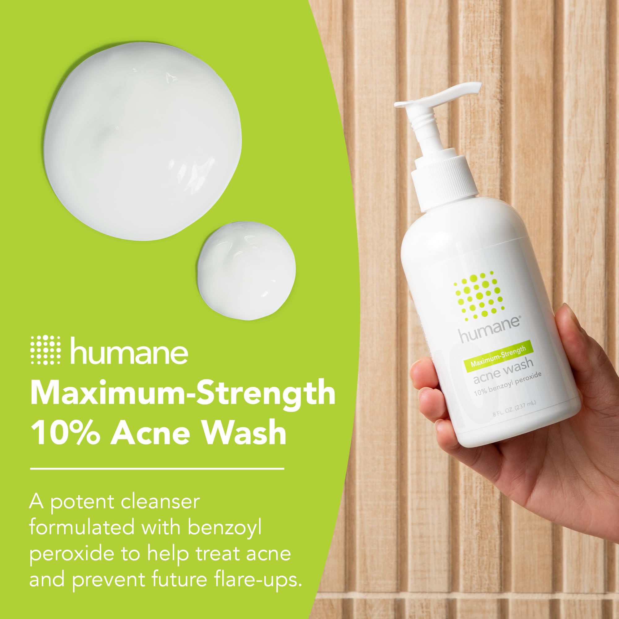 Humane benzoyl peroxide acne wash bottle back view with usage notes