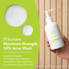 Humane benzoyl peroxide acne wash bottle back view with usage notes