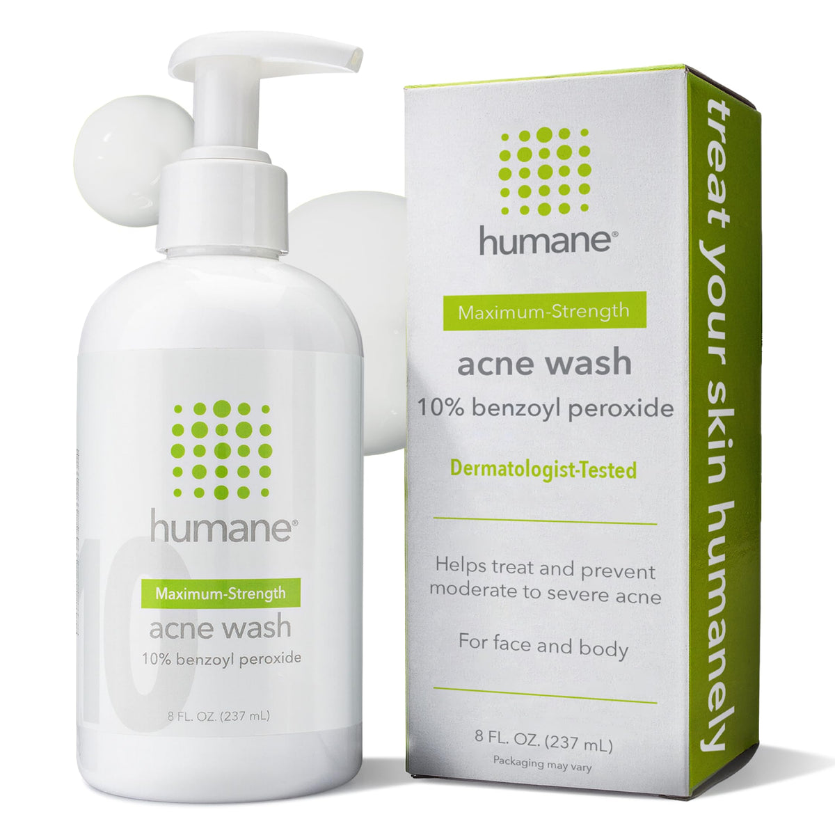 Humane benzoyl peroxide acne wash bottle front view showing maximum-strength formula