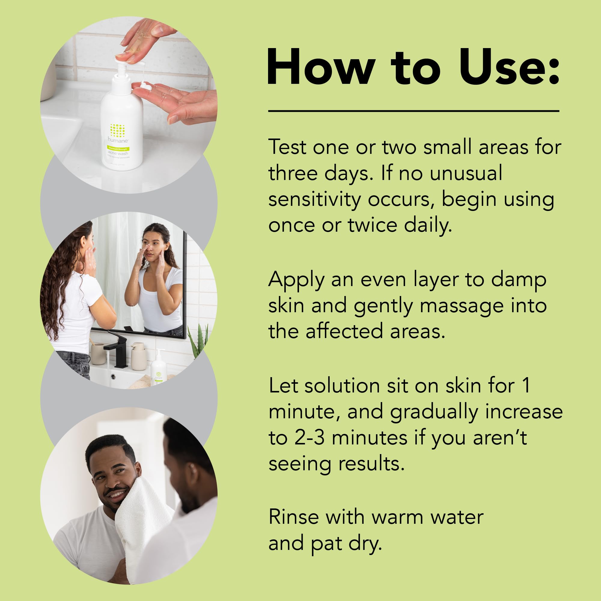 Humane benzoyl peroxide acne wash label closeup featuring vegan cruelty-free branding