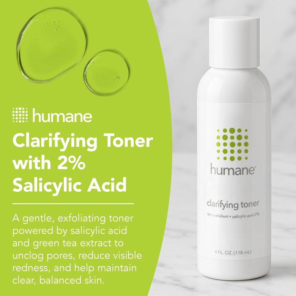 Humane Clarifying Toner label close-up shows clean ingredients and dermatologist-tested reassurance