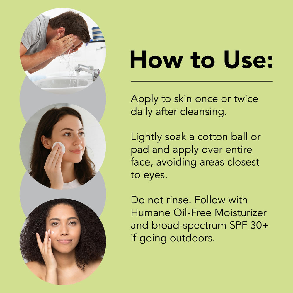 Humane Clarifying Toner skin application shows soothing, non-drying use