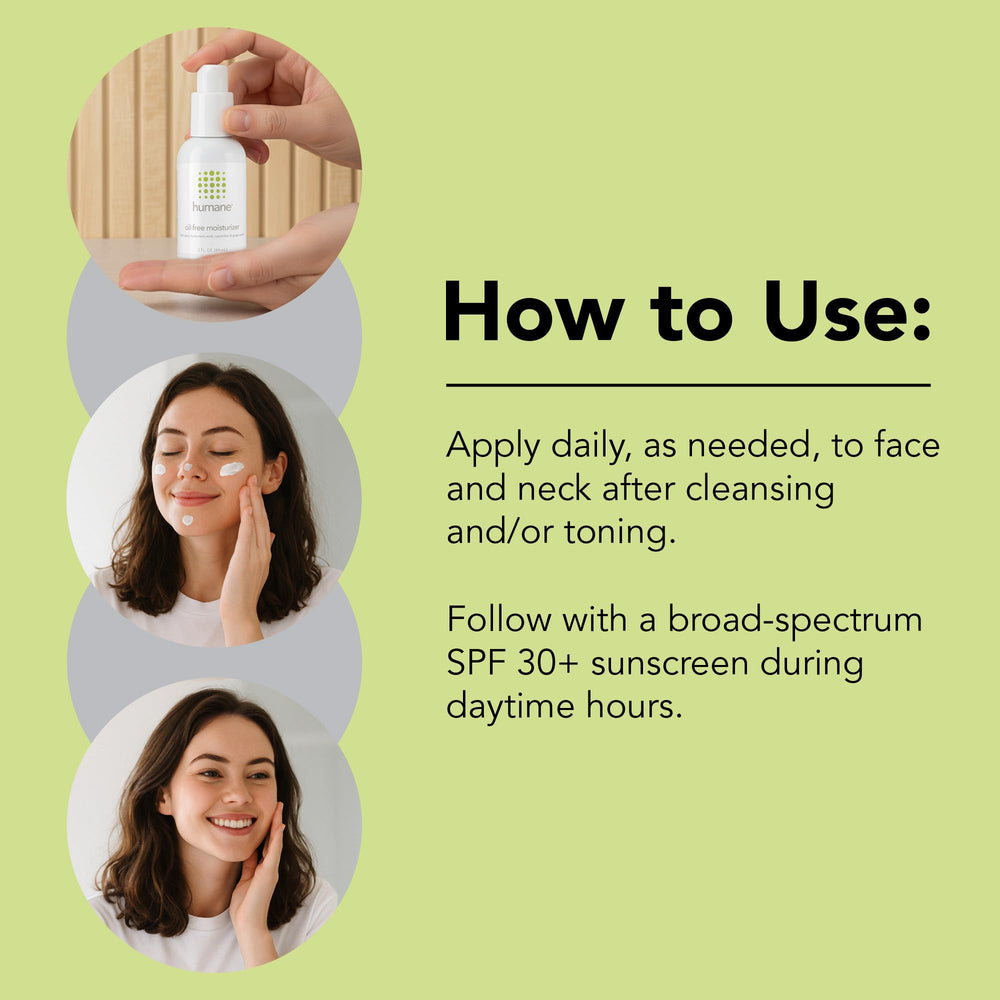 Applying Humane moisturizer on the cheek demonstrates gentle daily hydration.