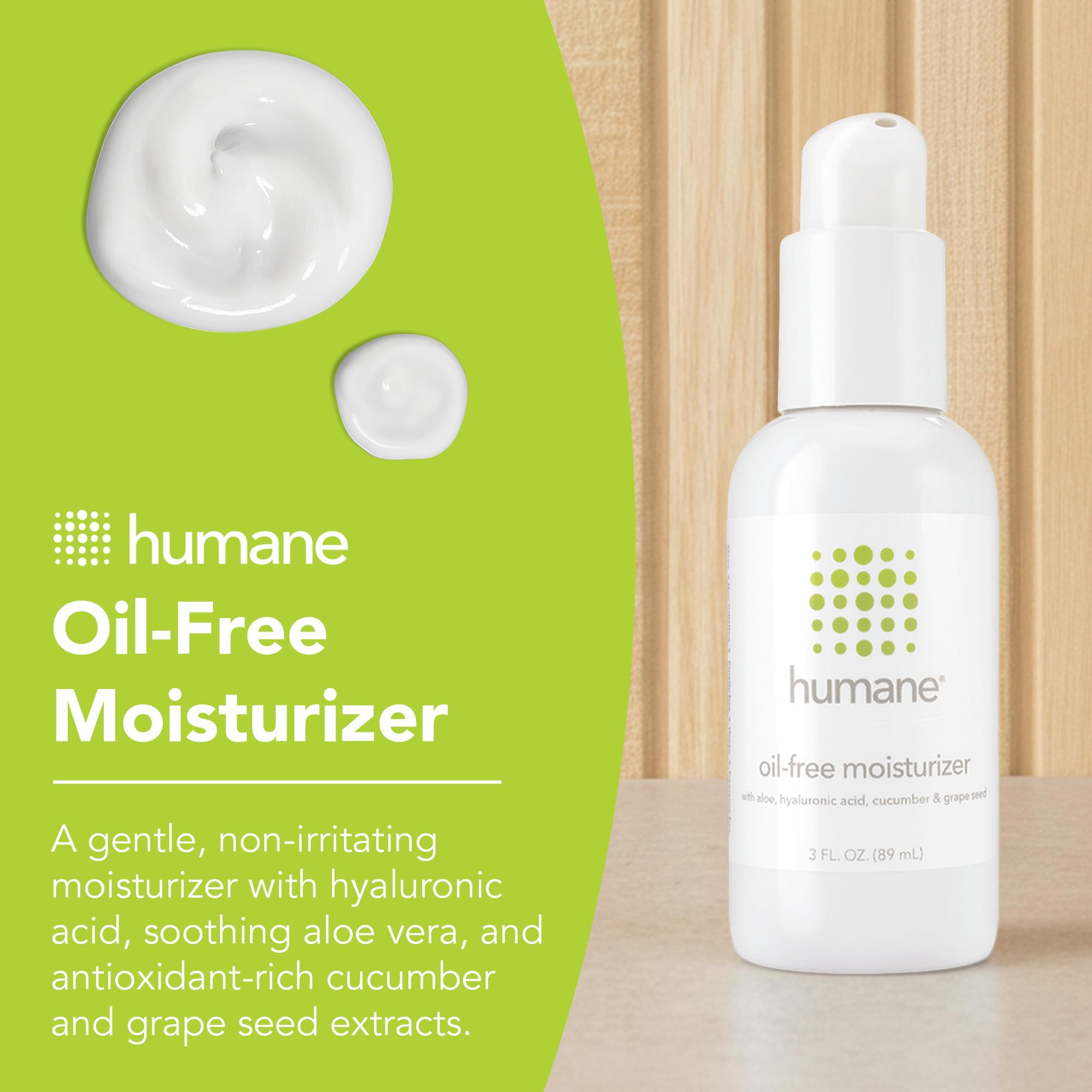 Humane moisturizer label close-up highlights hyaluronic acid and antioxidants.