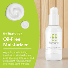 Humane moisturizer label close-up highlights hyaluronic acid and antioxidants.
