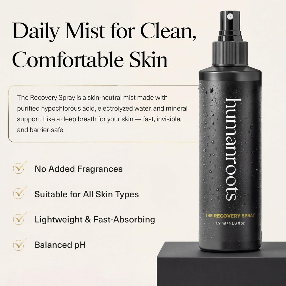 Humanroots face mist 6oz bottle cools and resets skin after cleansing.