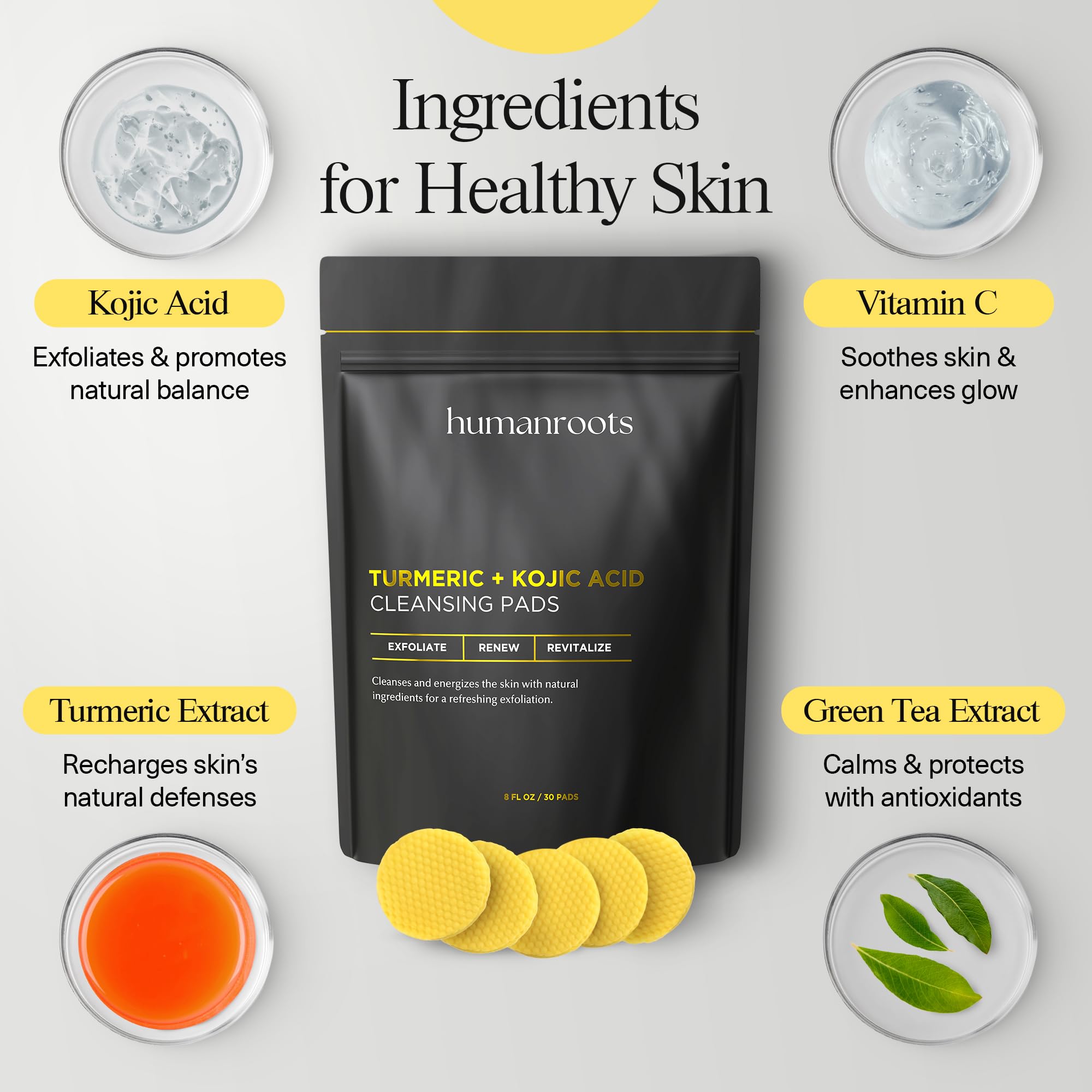 Close-up of ingredients on a Humanroots Turmeric Kojic Pad.