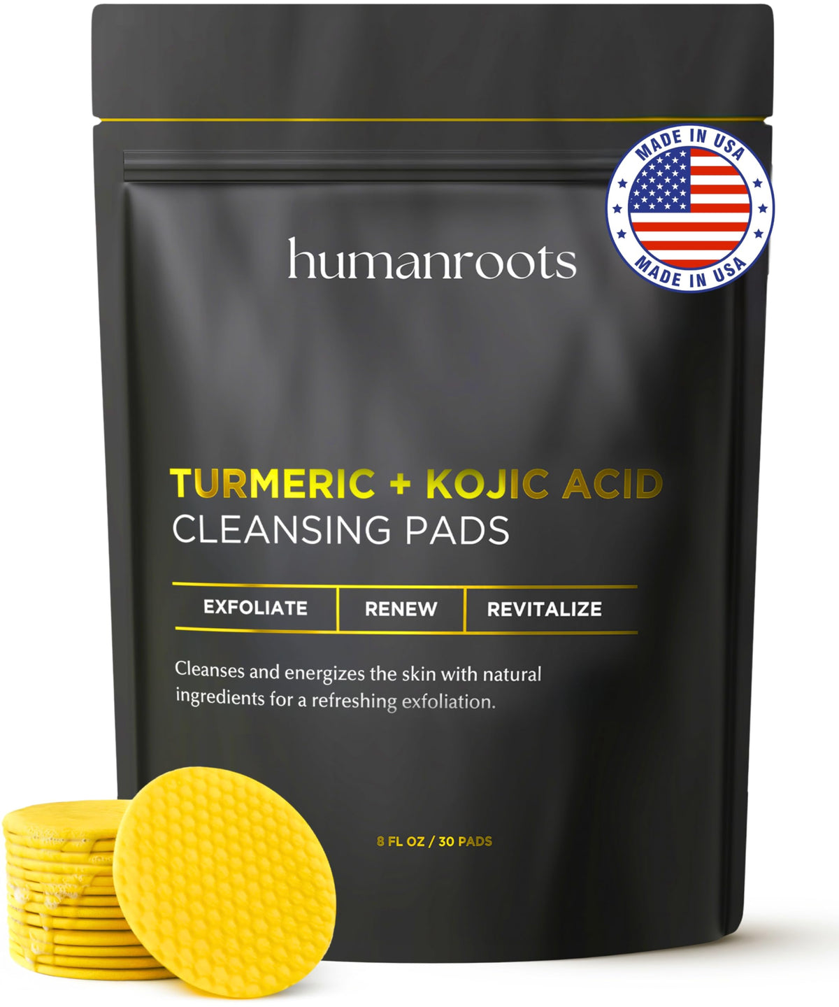 Humanroots Turmeric Kojic Pad, textured side for exfoliation and pore cleansing.