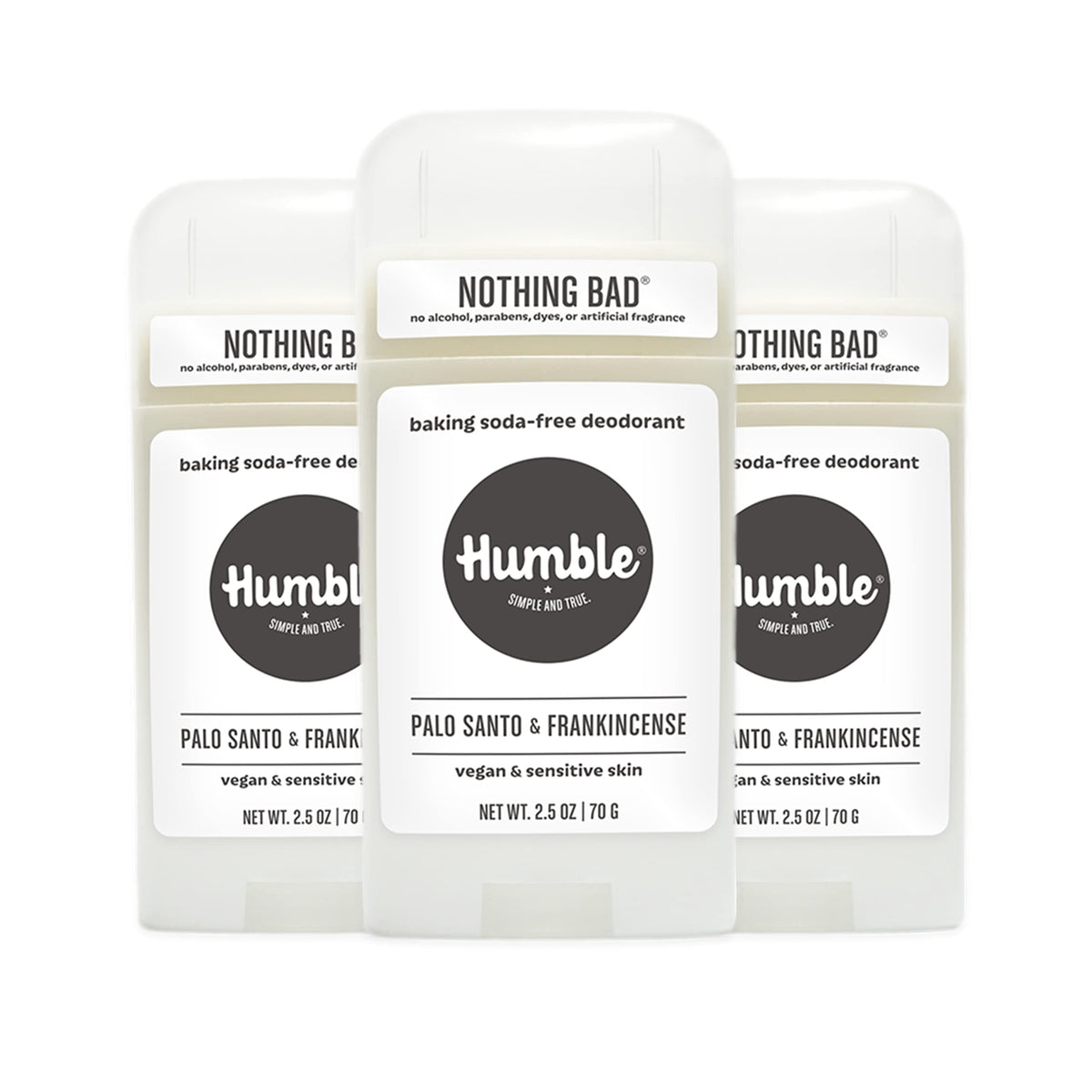 Humble Brands aluminum-free deodorant 3-pack front view for everyday odor control.