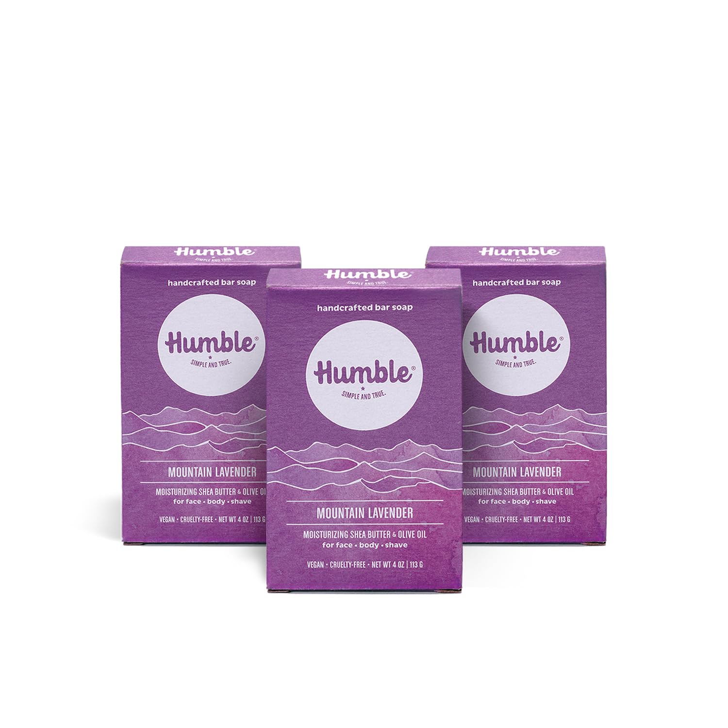 Humble Brands Mountain Lavender three-pack soap bars for gentle cleansing