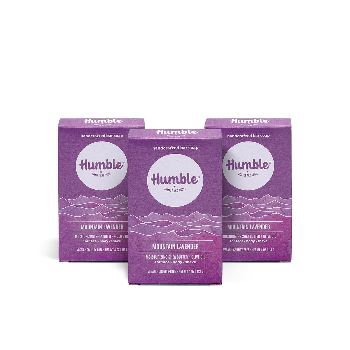 Humble Brands Mountain Lavender three-pack soap bars for gentle cleansing