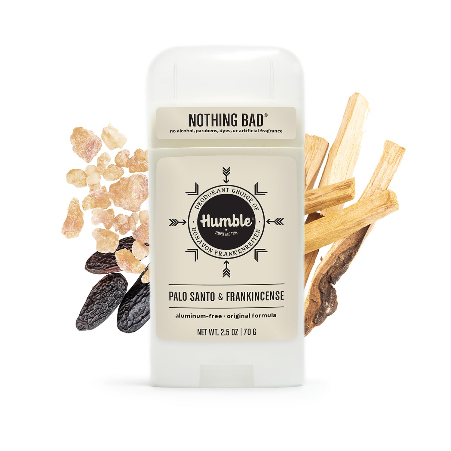 Aromas of Palo Santo and Frankincense in Humble Brands deodorant.
