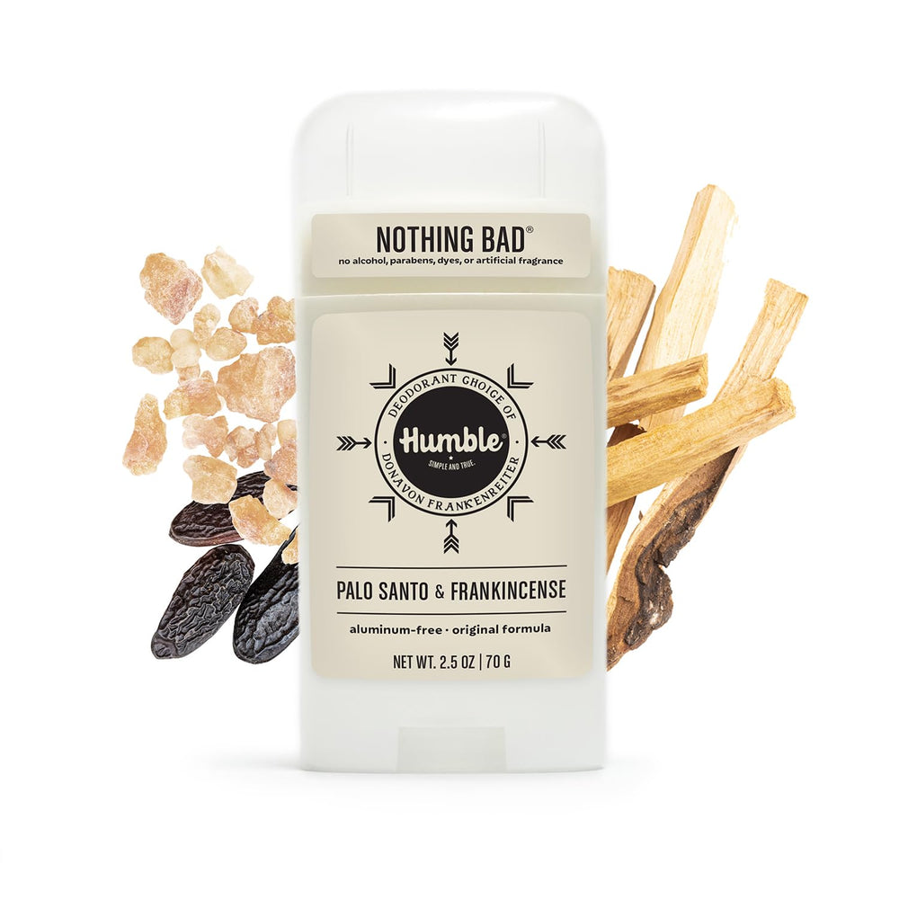 Aromas of Palo Santo and Frankincense in Humble Brands deodorant.