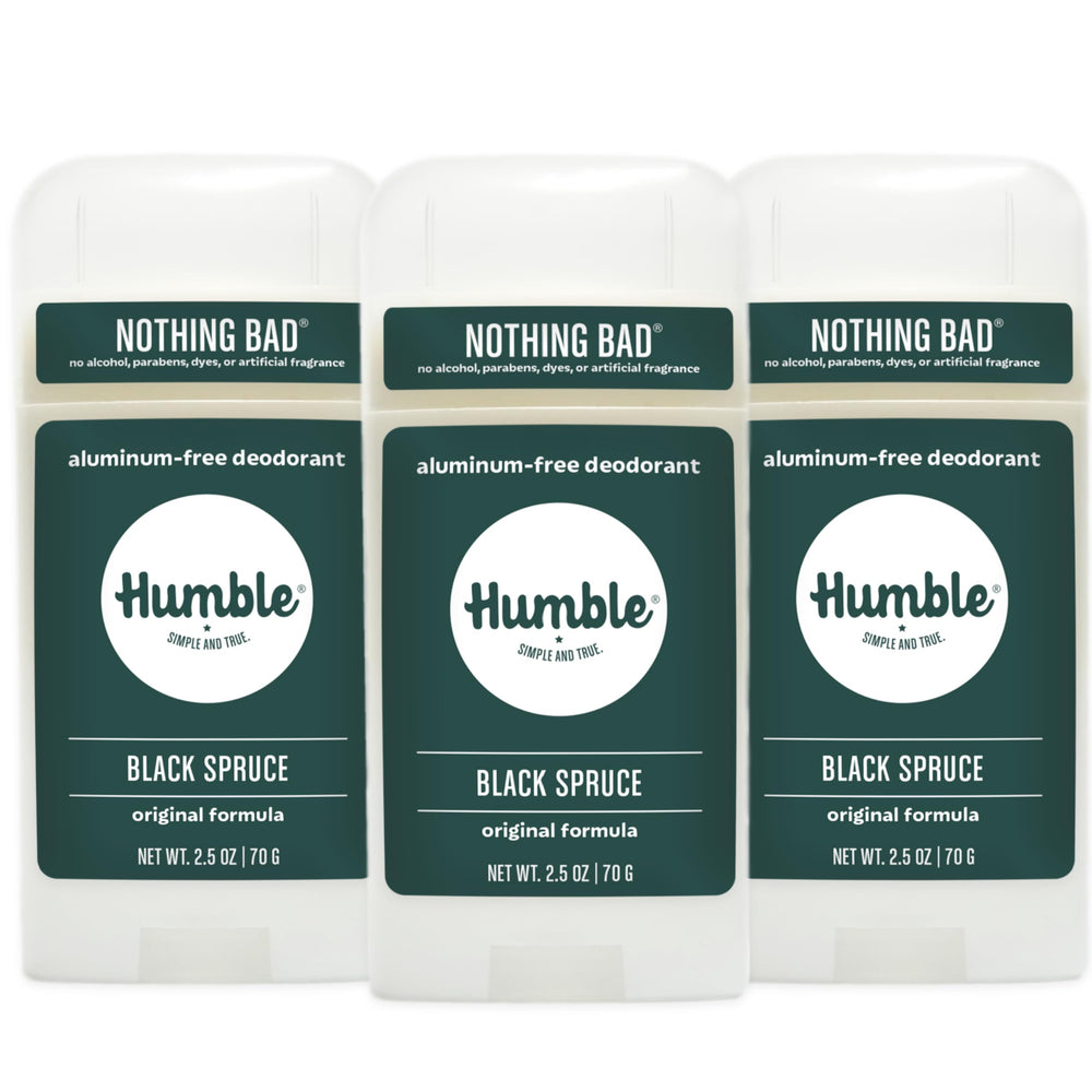 Humble Brands Original Formula Black Spruce packaging shows a clean aluminum-free protection option.