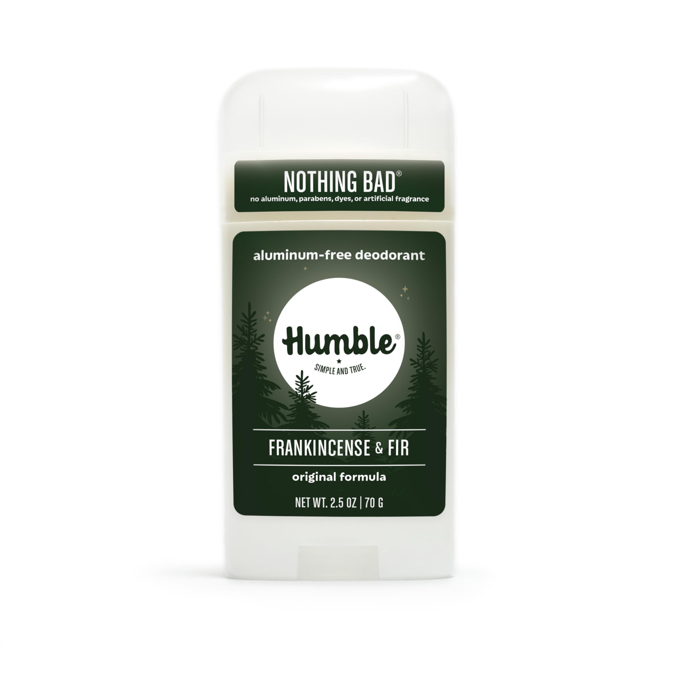 HUMBLE Simple and True Original Formula deodorant bottle with frankincense and fir scent for all-day freshness.