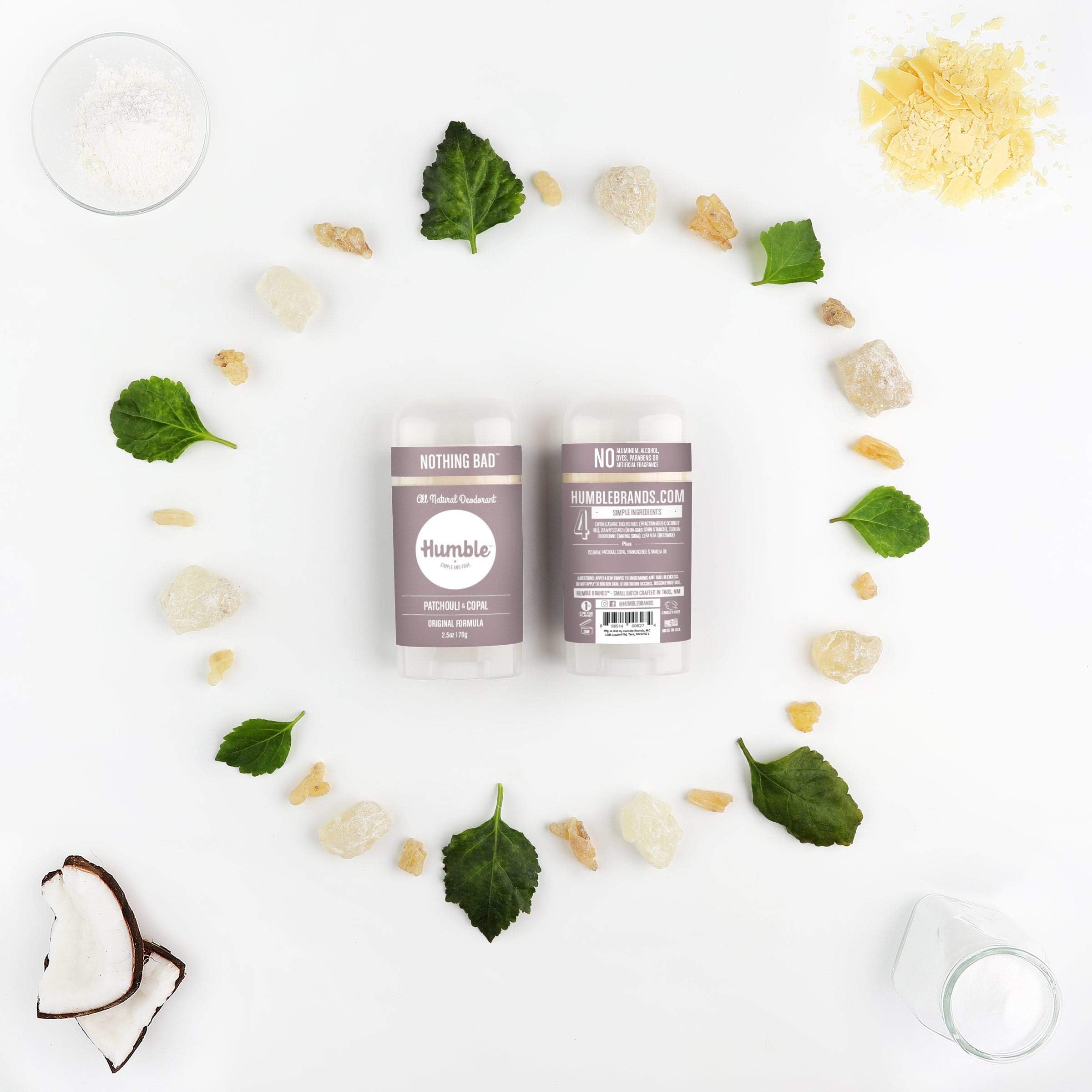 HUMBLE BRANDS Patchouli Copal Frankincense deodorant on arm during use for quick refresh.