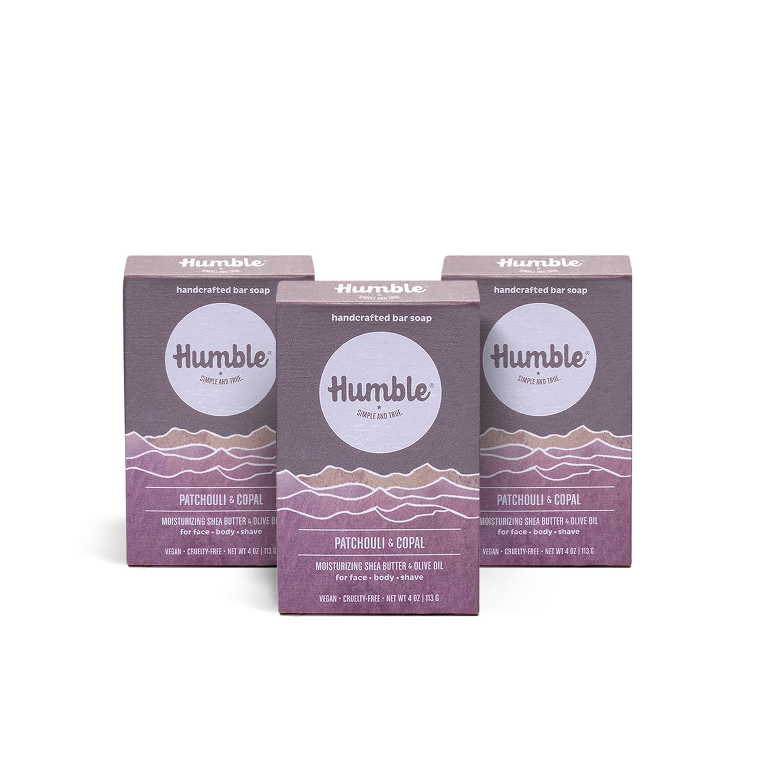 HUMBLE patchouli-copal soap bar with rich lather for hands and skin.