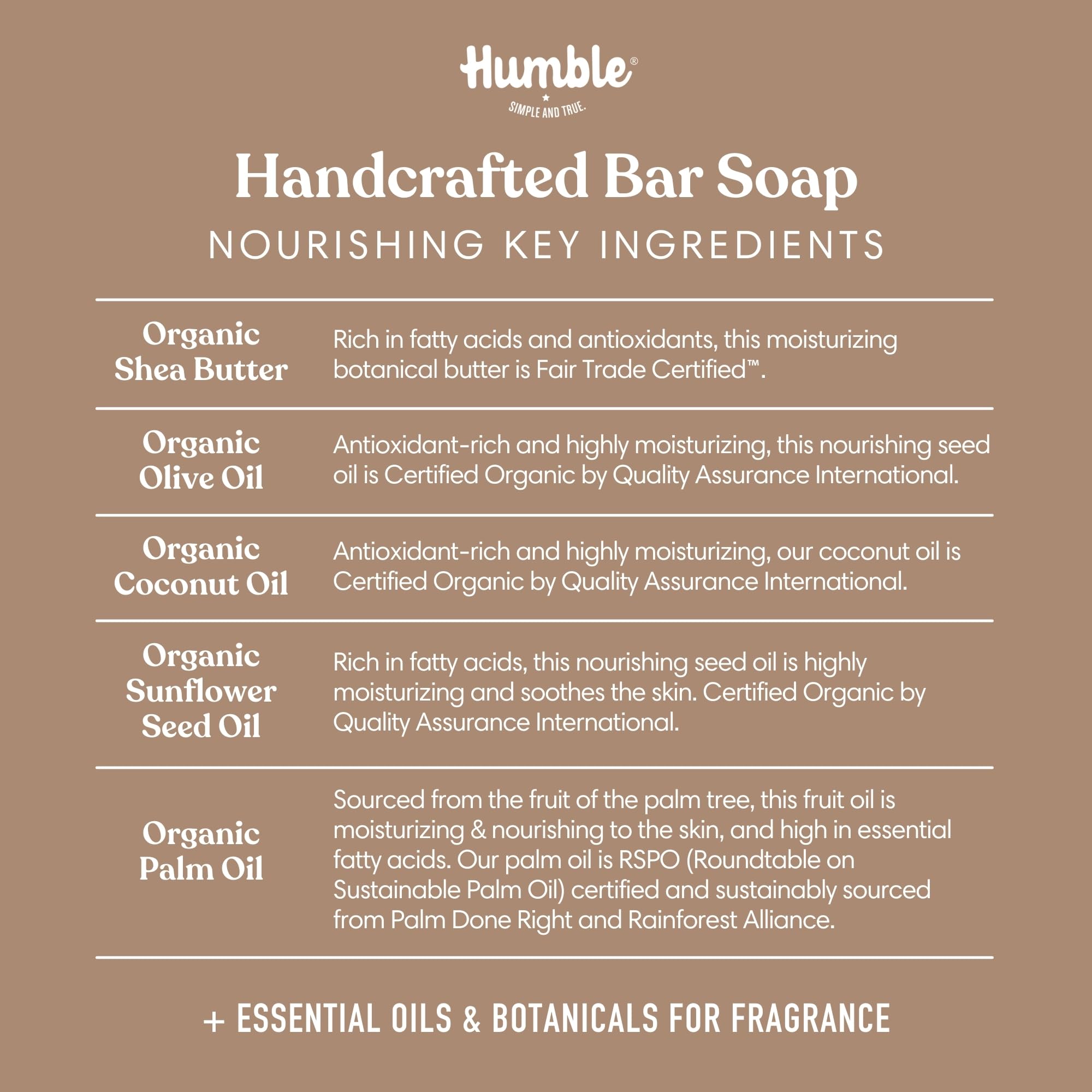 Humble Simple and True bar soap ingredients close-up showcases natural plant oils.