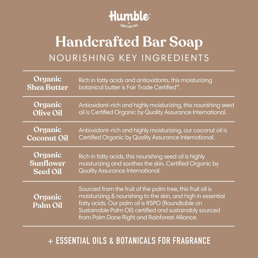 Humble Simple and True bar soap ingredients close-up showcases natural plant oils.