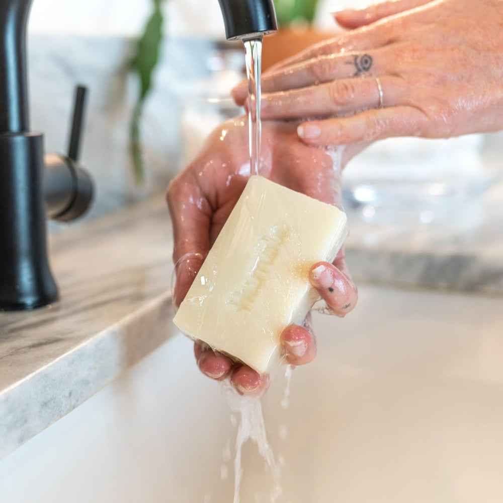 Humble Simple and True unscented soap with a rich lather on skin during shaving routine.