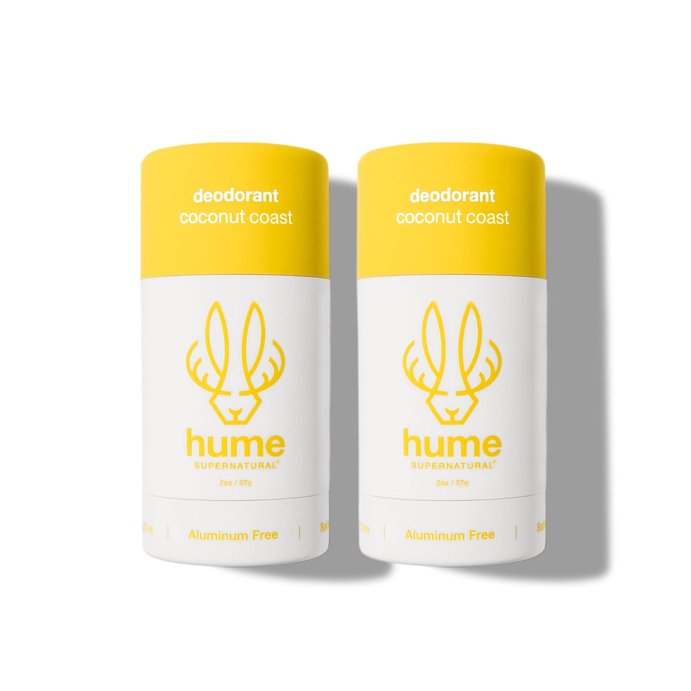 Hume Coconut Coast packaging highlights aluminum-free, plant-based deodorant for sensitive skin.