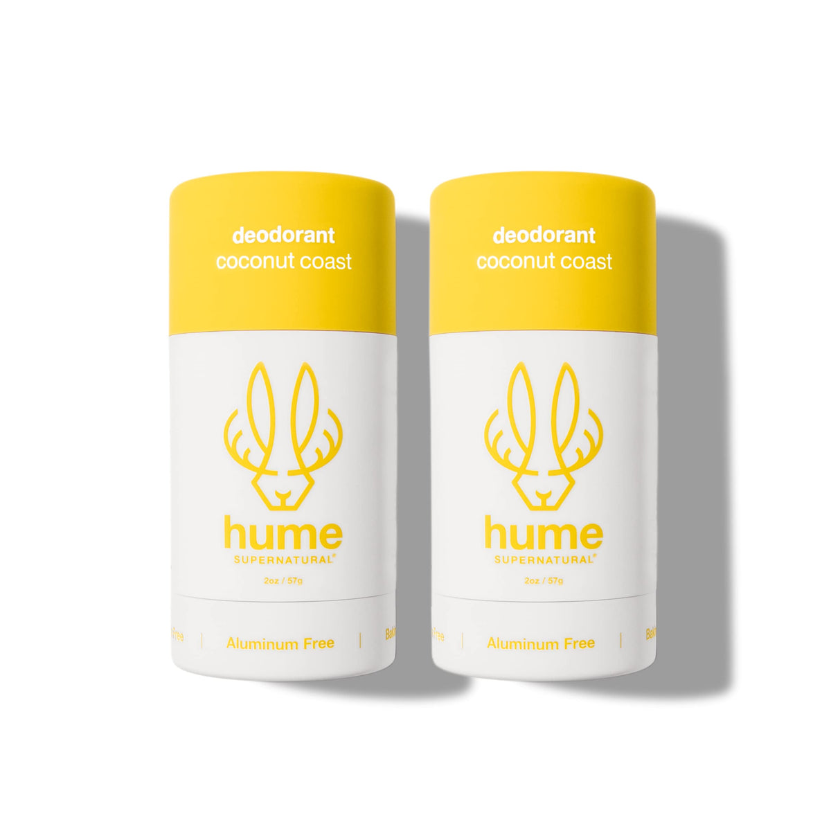 Hume Coconut Coast packaging highlights aluminum-free, plant-based deodorant for sensitive skin.
