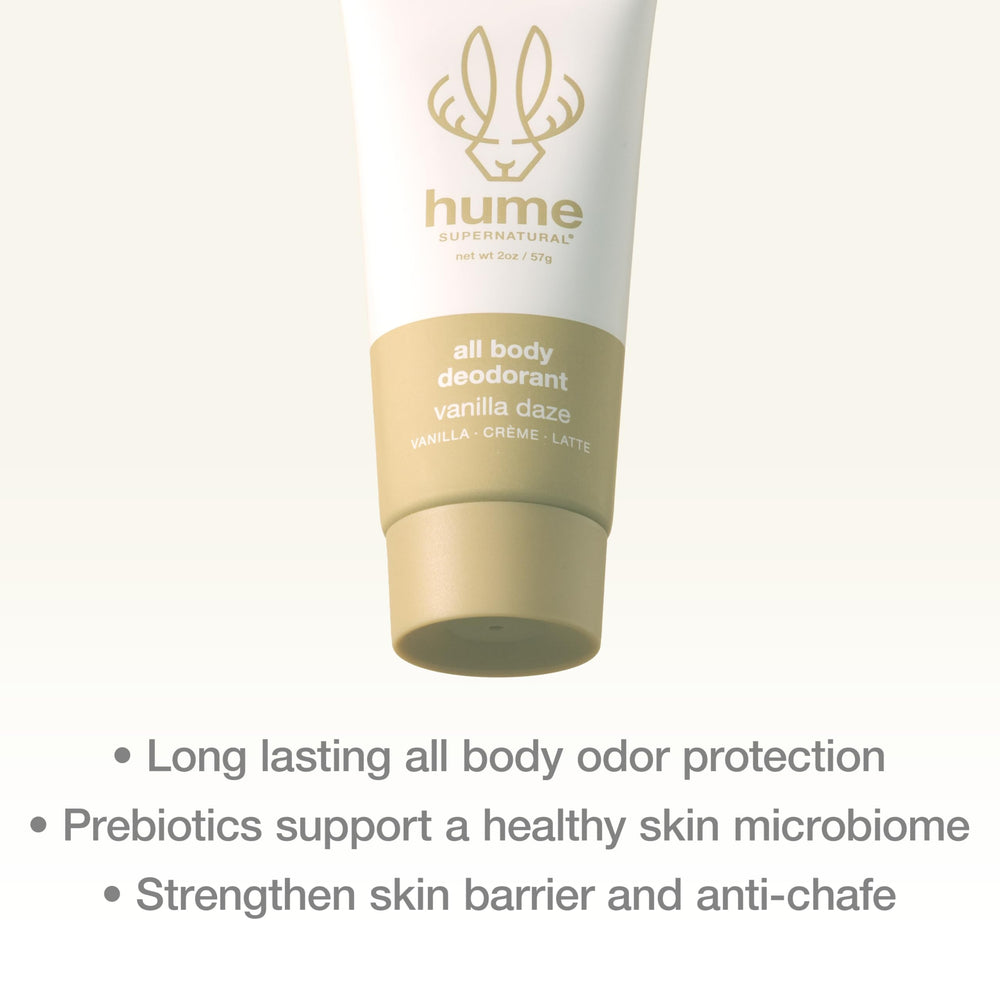 HUME SUPERNATURAL ingredient visuals emphasize prebiotic and skin-friendly benefits.