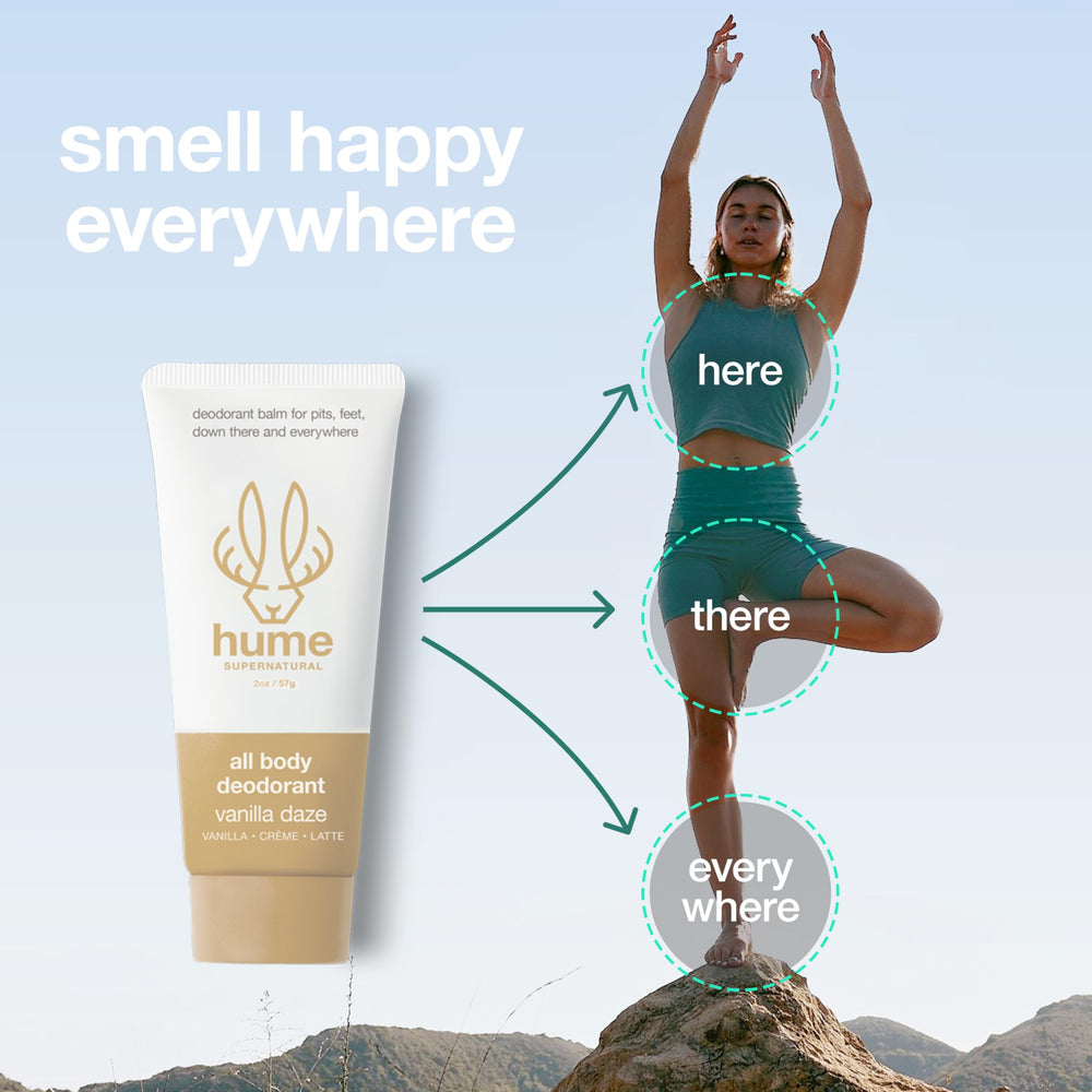 HUME SUPERNATURAL balm texture close-up showing silky glide on skin.