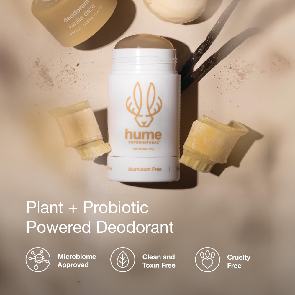 HUME probiotic skin supporting formula bottle close-up with botanicals.